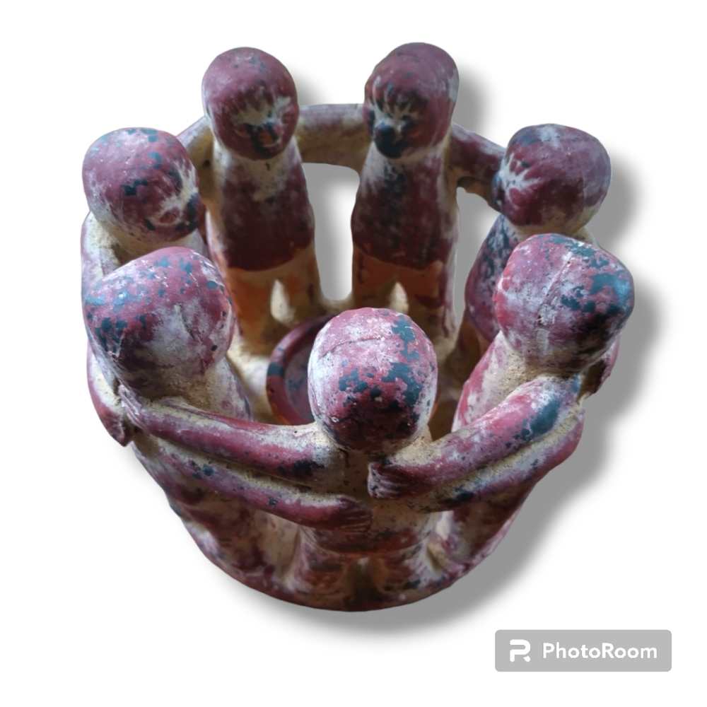 🆕LARGE CIRCLE OF FRIENDS CANDLE HOLDER 7 MYAN AZTEC MEXICAN FOLK POTTERY